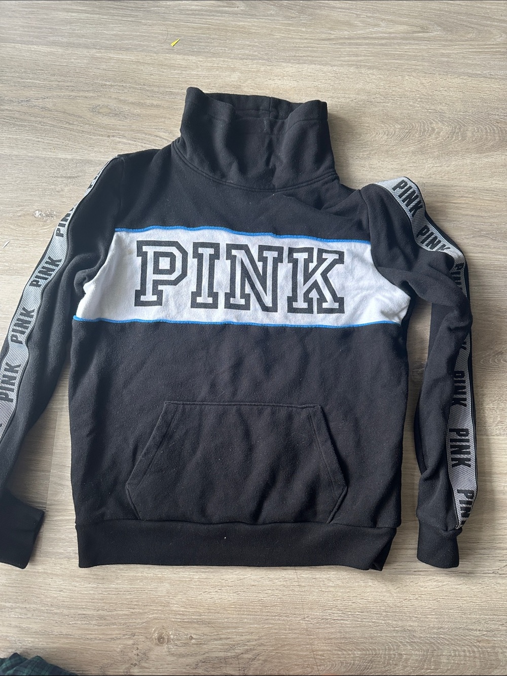 PINK Victoria's Secret Black Turtleneck Pullover with White Logo and Blue Trim